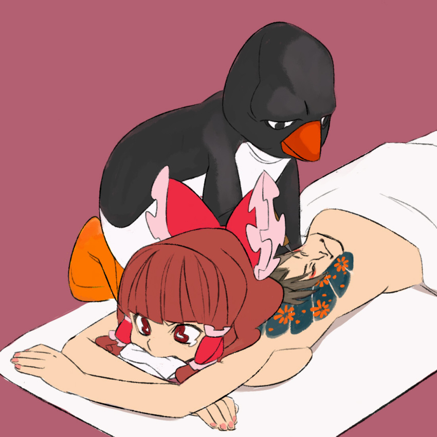 back_tattoo bird biting biting_clothes blunt_bangs bow breasts brown_eyes brown_hair commentary cookie_(touhou) feet_out_of_frame female hairbow hakurei_reimu heshikiri_hasebe lying medium_breasts medium_hair nihonga nude on_stomach open_mouth penguin pingu pingu_(series) pink_background red_bow rurima_(cookie) scotch_(cookie) sideboob tattoo tattoo_machine touhou touken_ranbu ukiyo-e what