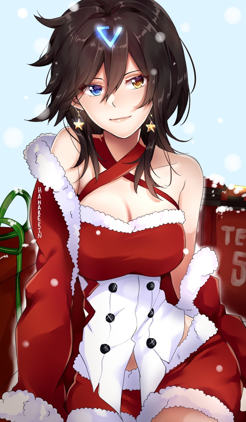 absurdres alternate_costume azur_lane bad_id bad_twitter_id bare_shoulders black_hair blue_background blue_eyes box breasts christmas cleavage criss-cross_halter earrings female fur-trimmed_jacket fur-trimmed_skirt fur_trim georgia_(azur_lane) gift gift_box hair_between_eyes hair_ornament hairclip halterneck hanaberin heterochromia highres jacket jewelry large_breasts light_smile looking_at_viewer medium_hair off_shoulder red_jacket red_skirt skirt snow solo star_(symbol) star_earrings yellow_eyes