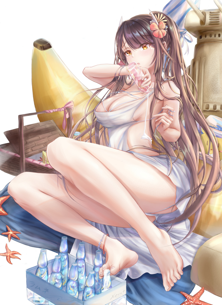 absurdres anklet azur_lane banana bare_legs barefoot beach_umbrella bottle breasts brown_hair commentary_request crate drink feet female flower food fruit hair_flower hair_ornament hiei_(azur_lane) hiei_(beauty_of_the_white_sands)_(azur_lane) highres holding holding_bottle holding_drink horns jewelry long_hair manjuu_(azur_lane) md5_mismatch official_alternate_costume picnic_basket pouring pouring_onto_self raft ramune red_flower red_rose rose sand_castle sand_sculpture sideboob simple_background sitting soles solo starfish swimsuit thighs umbrella white_background xevxt yellow_eyes