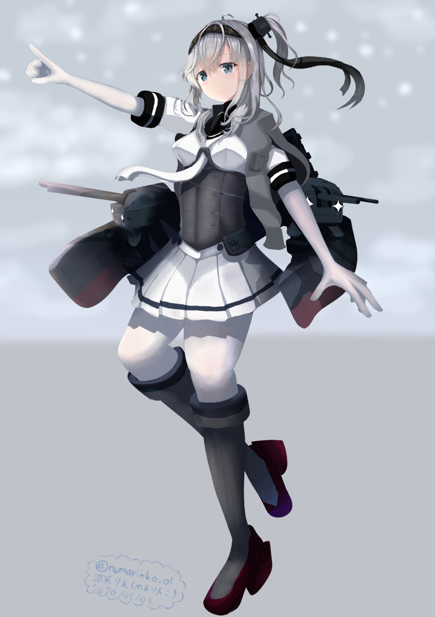 absurdres artist_name bad_id bad_twitter_id blue_eyes bodysuit breasts cape clothes_writing dated female full_body grey_cape grey_footwear grey_hair hachimaki hair_between_eyes headband highres kantai_collection long_hair medium_breasts necktie numarinko one_side_up pleated_skirt pointing sailor_collar skirt solo suzutsuki_(kancolle) twitter_username white_bodysuit white_necktie white_skirt