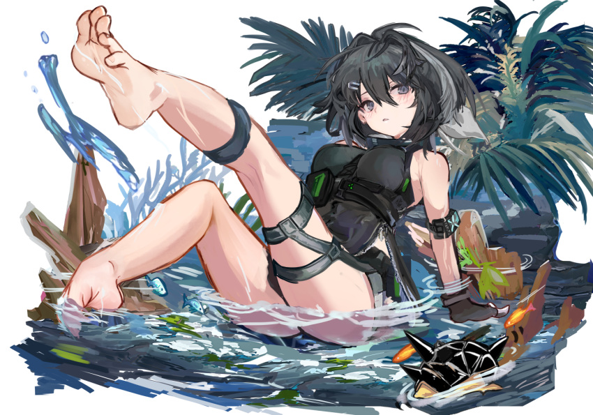 arknights arm_strap arm_support bare_shoulders barefoot between_breasts black_eyes black_hair black_shorts blush breasts creature feather_hair feet female fish full_body hair_ornament hairclip la_pluma_(arknights) large_breasts leaning_back legs_up looking_at_viewer originium_slug_(arknights) shallow_water short_hair short_shorts shorts simple_background sitting solo toes transparent_background underbust uruzu water zipper_pull_tab