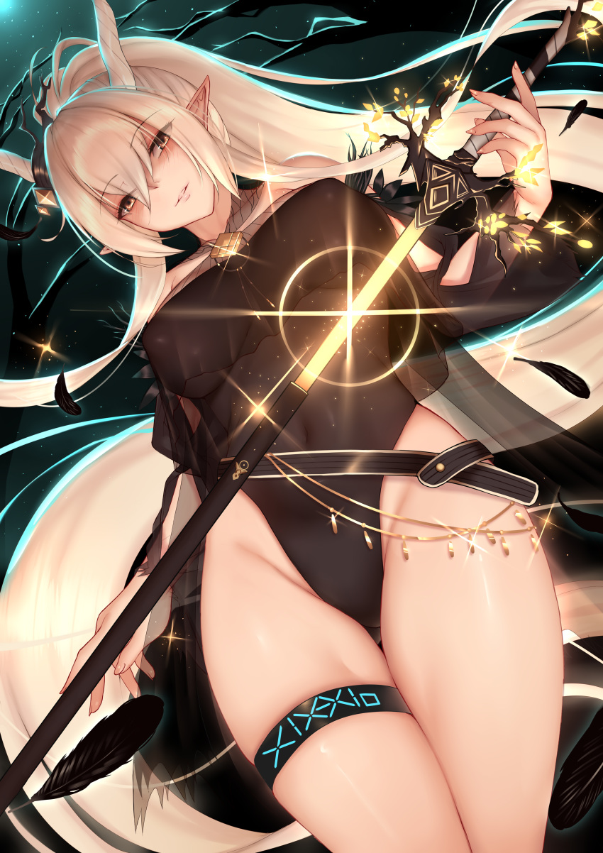 arknights garter genjung horns leotard pointy_ears sword