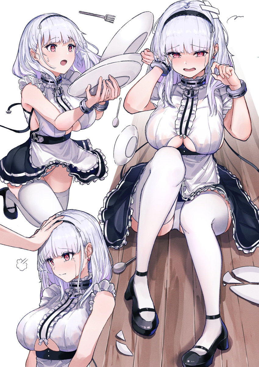 absurdres anchor_choker anchor_necklace apron azur_lane bare_shoulders black_hairband black_skirt breasts center_frills choker clothing_cutout crying crying_with_eyes_open dido_(azur_lane) dishes earrings falling female fork frilled_apron frilled_choker frilled_skirt frills gu_luco hairband hand_on_another's_head headpat heart heart_earrings high_heels highres jewelry lace-trimmed_hairband lace_trim large_breasts long_hair maid maid_apron maid_day multiple_views necklace outstretched_hand panties plate red_eyes shirt sideboob sitting skirt sleeveless sleeveless_shirt tears thighhighs underboob underboob_cutout underwear waist_apron white_apron white_hair white_panties white_thighhighs wooden_floor wrist_cuffs