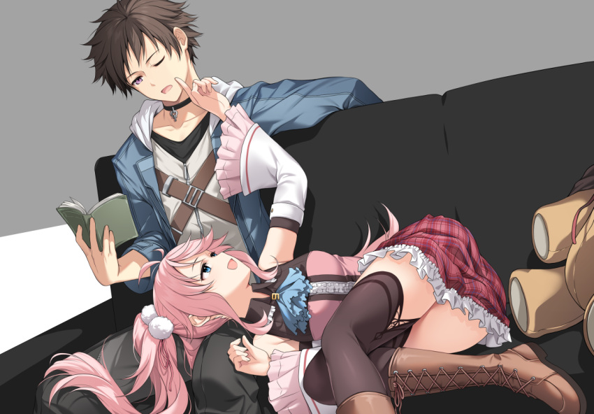 1boy :d black_choker black_thighhighs blue_eyes book boots brown_footwear brown_hair center_frills cheek_poking choker collared_shirt commentary couch d; eiyuu_densetsu female frilled_skirt frills hair_ornament hair_ribbon hajimari_no_kiseki hakuleg holding holding_book hood hooded_jacket jacket knee_boots lap_pillow long_hair lying nadia_rayne on_side one_eye_closed open_book open_clothes open_jacket open_mouth pink_hair pink_ribbon plaid plaid_skirt poking purple_eyes ribbon shirt sitting skirt smile stuffed_animal stuffed_toy swin_abel teddy_bear thighhighs twintails