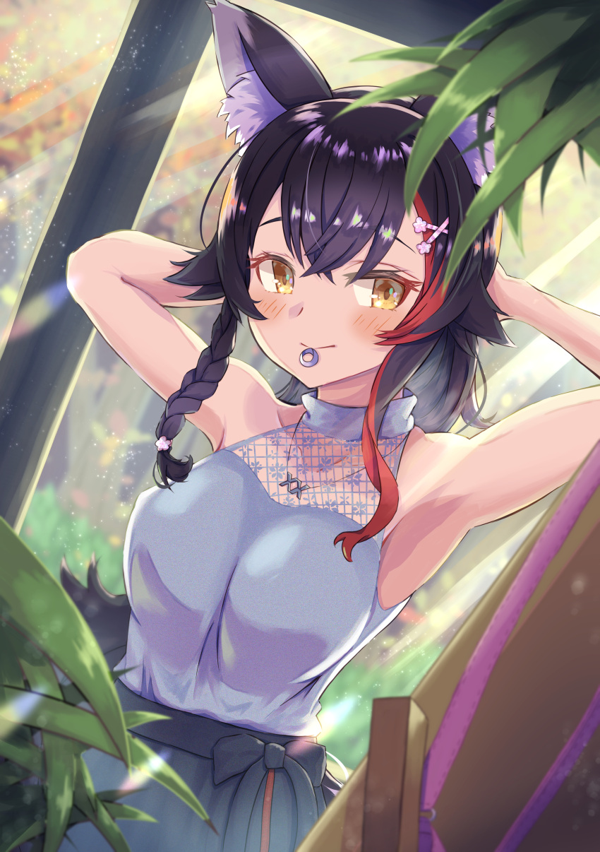 absurdres animal_ear_fluff animal_ears armpits black_hair blush braid breasts female hair_between_eyes hair_ornament hairclip hand_in_own_hair highres hololive jewelry large_breasts leaf long_hair looking_at_viewer mihaeru mirror mouth_hold multicolored_hair necklace official_alternate_costume ookami_mio ookami_mio_(street) ponytail red_hair ribbon ribbon_in_mouth smile solo streaked_hair sunlight tail upper_body virtual_youtuber window wolf_ears wolf_girl wolf_tail yellow_eyes