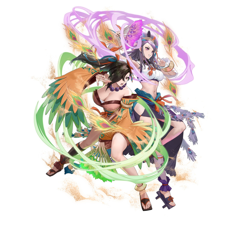 2girls attack bead_necklace beads breasts brown_eyes brown_hair ekao feet fire_emblem fire_emblem_fates fire_emblem_heroes hand_fan hand_up jewelry kagero_(fire_emblem) kagero_(winds_offered)_(fire_emblem) large_breasts legs midriff multiple_girls necklace official_alternate_costume official_art orochi_(fire_emblem) orochi_(winds_offered)_(fire_emblem) pelvic_curtain pinwheel_hair_ornament purple_eyes purple_hair sandals toenails toes white_background wind