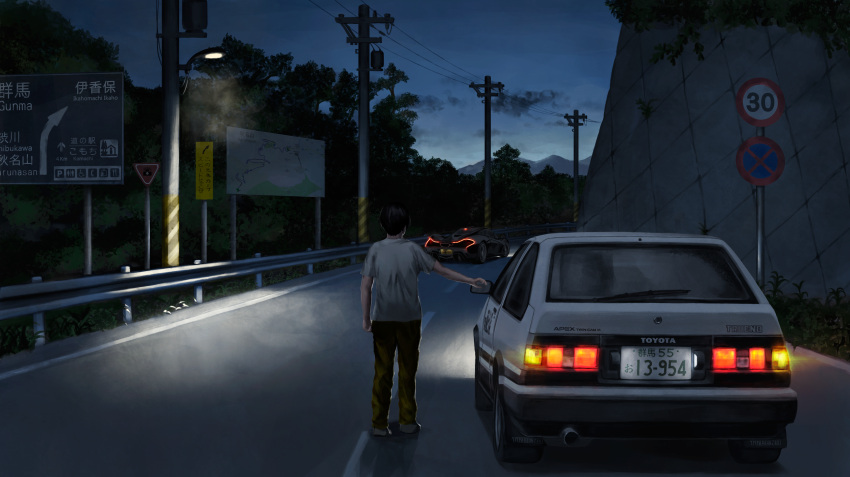 1boy absurdres azur_lane brown_hair car commentary_request crossover from_behind fujiwara_takumi fujiwara_takumi's_toyota_trueno_ae86 headlight_beam highres initial_d laing mclaren mclaren_p1 motor_vehicle no_stopping_sign outdoors road_sign shirt sign speed_limit_sign sports_car tail_lights toyota toyota_sprinter_trueno utility_pole vehicle_focus white_shirt