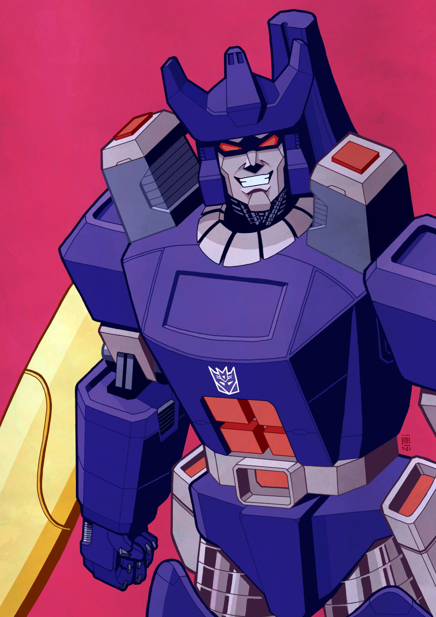 1boy 2021 absurdres arm_cannon clenched_hand clenched_teeth crazy_eyes dated decepticon emblem energy_cannon galvatron grin highres insignia jim_stafford logo looking_at_viewer male_focus mecha no_humans red_background red_eyes robot smile solo teeth transformers transformers:_generation_1 weapon