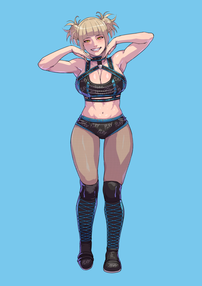 absurdres alexa_bliss alexa_bliss_(cosplay) armpits bare_shoulders blonde_hair blue_background blunt_bangs boku_no_hero_academia breasts choker cirenk cleavage commentary_request commission cosplay double_bun female fishnet_pantyhose fishnets full_body hair_bun highres large_breasts looking_at_viewer md5_mismatch midriff muscular muscular_female navel pantyhose parted_lips shorts simple_background sleeveless smile solo standing teeth toga_himiko wrestling_outfit wwe yellow_eyes