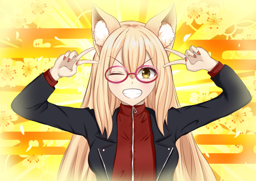 ;d absurdres animal_ear_fluff animal_ears bad_id bad_pixiv_id black_jacket blonde_hair blush breasts double_v egasumi emotional_engine_-_full_drive fate/extra fate/extra_ccc fate/extra_ccc_fox_tail fate/grand_order fate_(series) female floral_background fox_ears fox_girl glasses grin hair_between_eyes hands_up highres jacket large_breasts leather leather_jacket long_hair long_sleeves looking_at_viewer one_eye_closed open_clothes open_jacket open_mouth oraju parody red-framed_eyewear red_shirt shirt smile solo sunburst sunburst_background suzuka_gozen_(fate) suzuka_gozen_(traveling_outfit)_(fate) v yellow_background yellow_eyes zipper