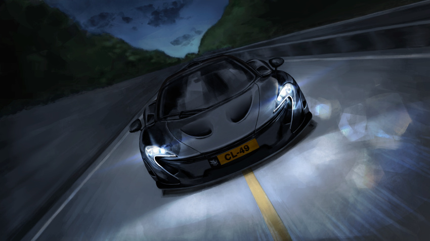 absurdres azur_lane car cloud commentary_request highres highway initial_d laing lens_flare mclaren mclaren_p1 motion_blur motor_vehicle night no_humans sky solo sports_car vehicle_focus