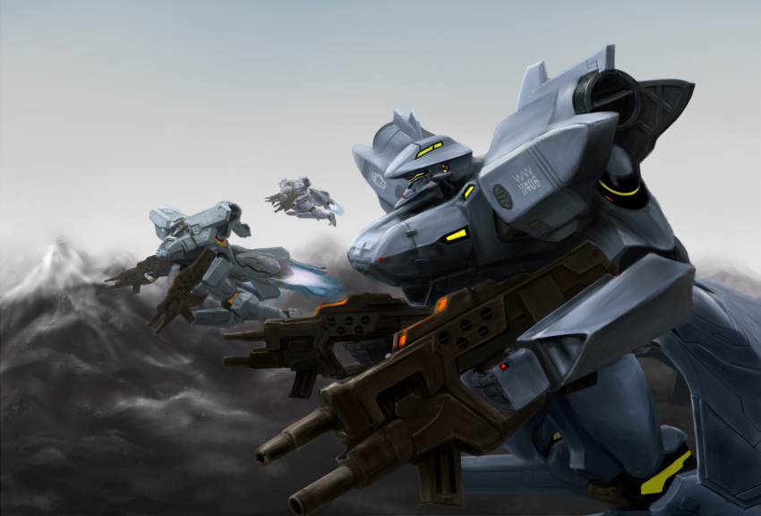 assault_visor commentary_request dual_wielding f-15e_strike_eagle f-16_fighting_falcon_(muv-luv) flying from_side gun hiwa_industry holding holding_gun holding_weapon looking_ahead mecha mecha_focus mountain muv-luv muv-luv_alternative no_humans robot science_fiction tactical_surface_fighter thrusters weapon yellow_visor