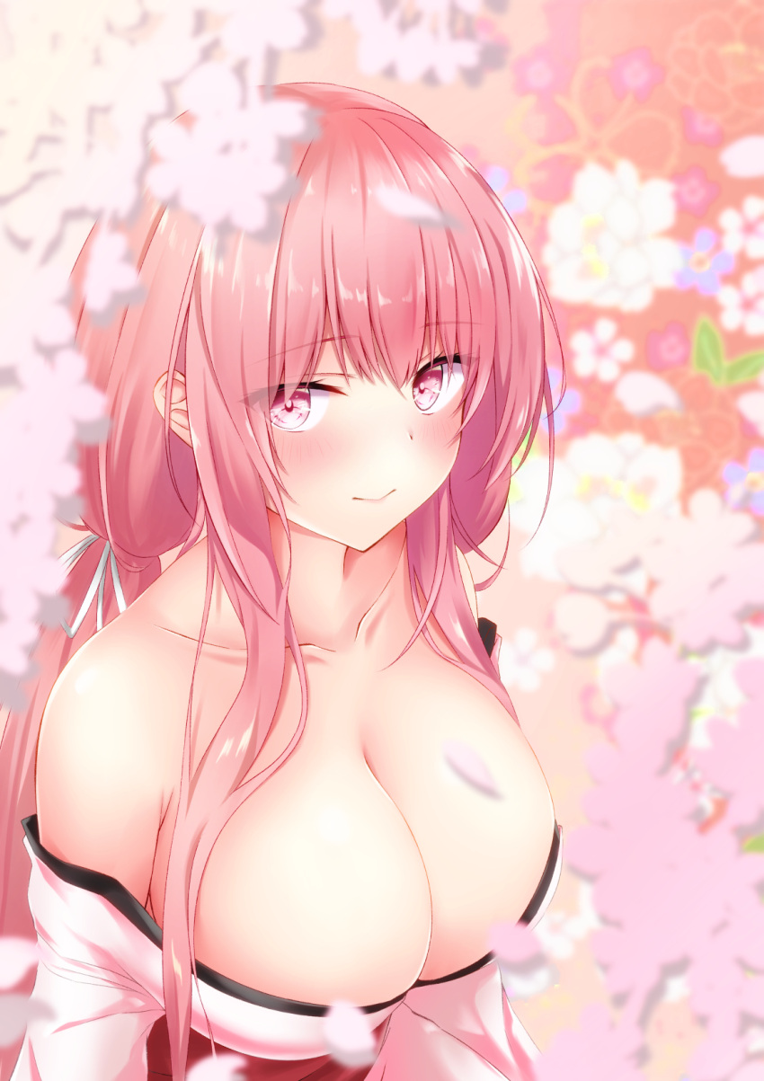 akira_(sayo_dayoo) alternate_costume azur_lane bare_shoulders breasts cleavage female floral_background from_above highres japanese_clothes kimono large_breasts light_blush long_hair looking_at_viewer off_shoulder perseus_(azur_lane) pink_eyes pink_hair red_sash ribbon sash solo upper_body white_kimono white_ribbon