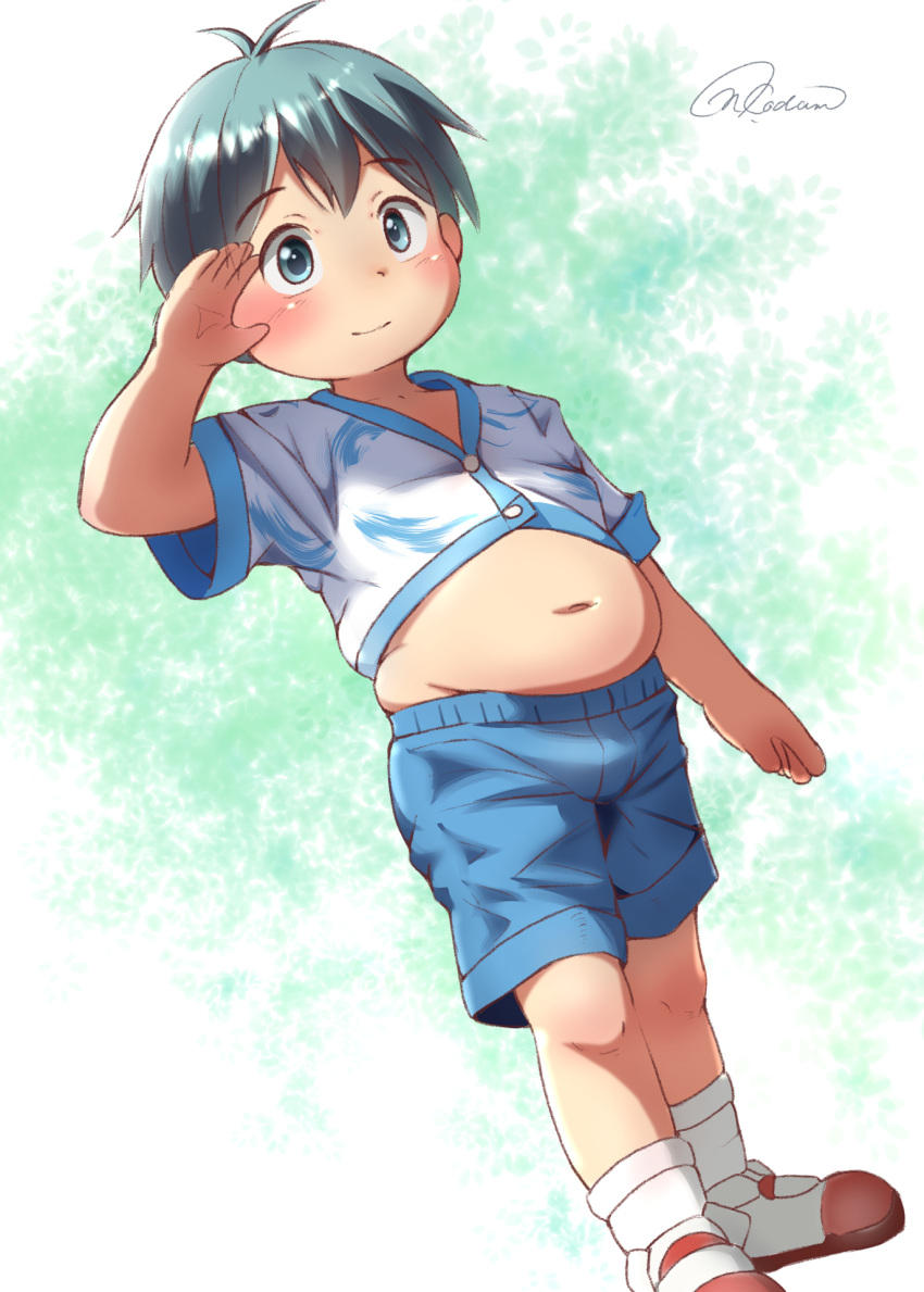 1boy antenna_hair belly blue_shorts blush character_request closed_mouth commentary_request copyright_request dot_nose foot_out_of_frame highres looking_away male_child midriff momotaro_chitose muffin_top navel plump shoes short_hair short_sleeves shorts signature socks solo tareme