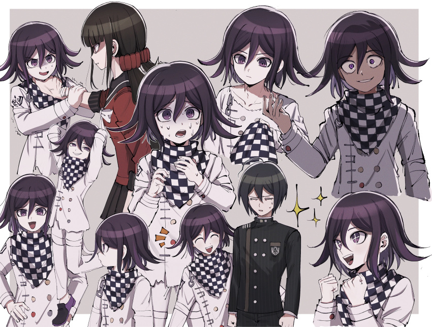 2boys absurdres ahoge angry arm_grab arms_up black_hair black_jacket black_pants bojue_(hakus_1128) border buttons checkered_background checkered_clothes checkered_scarf clenched_teeth closed_eyes closed_mouth commentary danganronpa_(series) danganronpa_v3:_killing_harmony double-breasted evil_grin evil_smile female grey_background grin hair_ornament hair_scrunchie hand_on_another's_neck harukawa_maki highres holding jacket long_sleeves looking_at_viewer male_focus multiple_boys multiple_views neck_grab oma_kokichi open_mouth pants plaid profile red_scrunchie saihara_shuichi scarf scrunchie shaded_face shirt short_hair smile star-shaped_pupils star_(symbol) striped_clothes striped_jacket sweat symbol-shaped_pupils teeth upper_body white_border