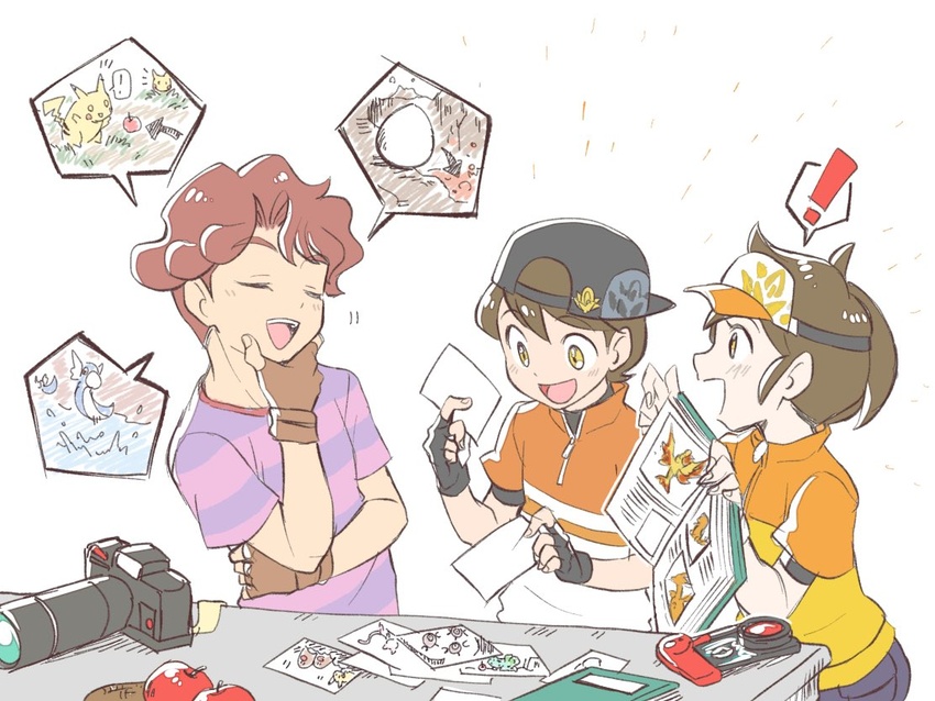 ! 2boys :d apple backwards_hat baseball_cap black_headwear blush brown_gloves brown_hair bulbasaur camera closed_eyes commentary dratini dugtrio female fingerless_gloves food fruit gloves hand_on_own_chin hat holding jamie_(pokemon) magnemite mew_(pokemon) moltres multiple_boys nagi_(exsit00) new_pokemon_snap open_mouth photo_(object) pikachu pointing pokemon pokemon_(creature) pokemon_snap purple_shirt river_(pokemon) shirt short_hair short_sleeves smile spoken_exclamation_mark striped_clothes striped_shirt stroking_own_chin t-shirt teeth time_paradox todd_snap tongue undercut visor_cap white_background yellow_eyes