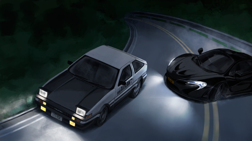 absurdres azur_lane car crossover drifting from_above fujiwara_takumi's_toyota_trueno_ae86 headlight headlight_beam highres initial_d laing mclaren mclaren_p1 motor_vehicle night no_humans pop-up_headlights racing sports_car toyota toyota_sprinter_trueno vehicle_focus