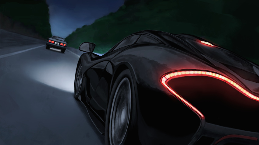 absurdres azur_lane car crossover from_behind fujiwara_takumi's_toyota_trueno_ae86 highres initial_d laing mclaren mclaren_p1 motor_vehicle no_humans racing rear-view_mirror sports_car tail_lights toyota toyota_sprinter_trueno vehicle_focus