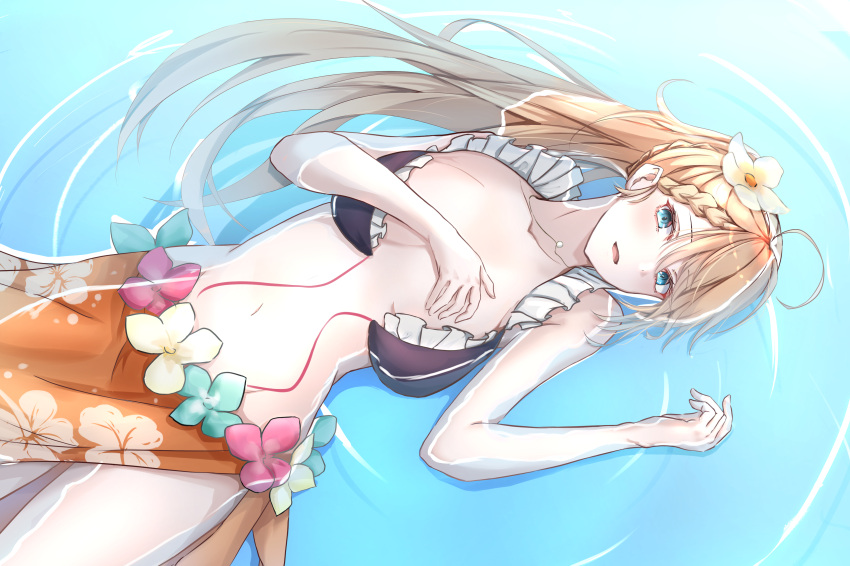 absurdres ahoge bikini blonde_hair blue_eyes braid braided_bangs breasts collarbone covering_breasts covering_privates female floral_print flower french_braid frilled_bikini frills g36_(50_days_with_g36)_(girls'_frontline) g36_(girls'_frontline) girls'_frontline hair_flower hair_ornament highres long_hair looking_at_viewer maid maid_bikini navel official_alternate_costume partially_submerged satsumaagee solo swimsuit unconventional_maid untied_bikini water