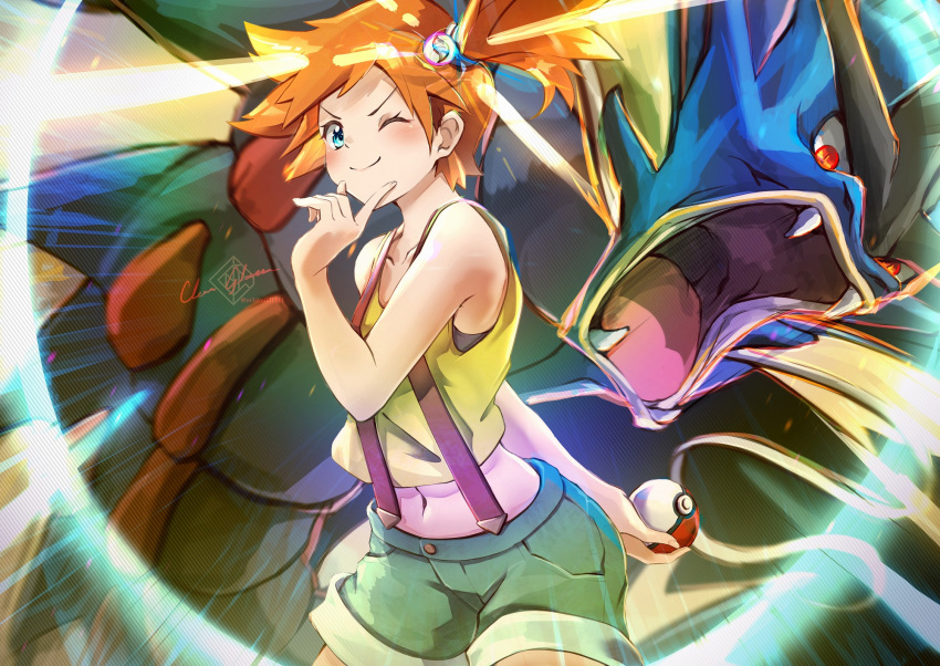 ;) bare_arms blue_eyes blush clear_glass_(mildmild1311) closed_mouth commentary_request eyelashes female green_shorts gyarados hand_up highres holding holding_poke_ball kasumi_(pokemon) mega_gyarados mega_pokemon navel one_eye_closed orange_hair poke_ball poke_ball_(basic) pokemon pokemon_(anime) pokemon_(creature) pokemon_sm_(anime) shirt short_hair shorts side_ponytail smile suspenders watermark yellow_shirt