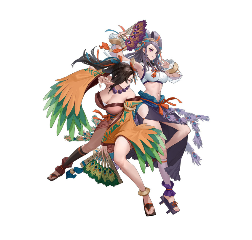 2girls attack bead_necklace beads breasts brown_eyes brown_hair ekao feet fire_emblem fire_emblem_fates fire_emblem_heroes hand_fan hand_up jewelry kagero_(fire_emblem) kagero_(winds_offered)_(fire_emblem) large_breasts legs midriff multiple_girls necklace official_alternate_costume official_art orochi_(fire_emblem) orochi_(winds_offered)_(fire_emblem) pelvic_curtain pinwheel_hair_ornament purple_eyes purple_hair sandals toenails toes white_background