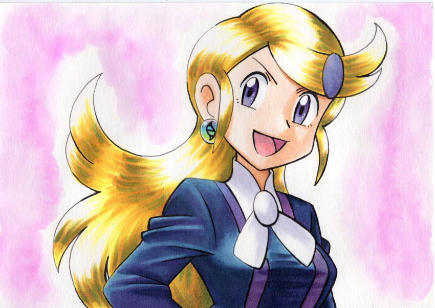 :d astrid_(pokemon) black_jacket blonde_hair commentary earrings female grey_eyes hair_ornament hairclip highres jacket jewelry long_hair looking_at_viewer neck_ribbon oka_mochi open_mouth pink_background pokemon pokemon_(anime) pokemon_xy_(anime) protected_link ribbon shirt smile solo swept_bangs tongue traditional_media upper_body white_ribbon white_shirt