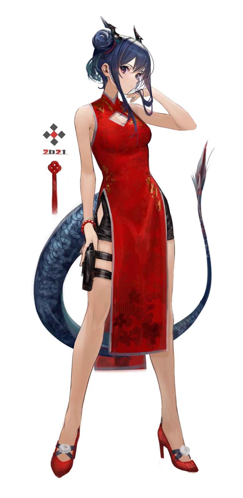 2021 absurdres arknights black_hair black_shorts ch'en_(ageless_afterglow)_(arknights) ch'en_(arknights) china_dress chinese_clothes commentary_request double_bun dragon_horns dragon_tail dress female full_body hair_bun high_heels highres horns jewelry long_hair looking_at_viewer official_alternate_costume red_dress red_eyes red_footwear shorts shorts_under_dress sideways_glance simple_background solo standing tail takubon thigh_strap white_background