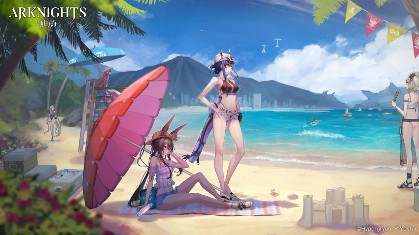 1boy 5girls absurdres amiya_(arknights) animal_ears arknights arm_strap ass bare_arms bare_legs bare_shoulders baseball_cap beach beach_umbrella belt bikini black_bikini black_one-piece_swimsuit blue_eyes blue_shorts blue_sky blue_umbrella breasts brown_hair castle-3_(arknights) ch'en_(arknights) cloud cooler copyright_name day detached_sleeves dragon_horns drone ears_through_headwear eyewear_on_headwear female_tourist_c_(arknights) flower food from_behind great_lungmen_logo grey_shorts hand_on_own_hip hat hat_flower highleg highleg_bikini highres holding holding_food horns horns_through_headwear ifrit_(arknights) ifrit_(sunburn)_(arknights) incredibly_absurdres jewelry kebab long_hair looking_at_viewer low_ponytail matterhorn_(arknights) medium_breasts mins_(minevi) mountain multiple_girls navel neck_ring ocean off-shoulder_shirt off_shoulder official_alternate_costume official_art one-piece_swimsuit open_fly outdoors palm_tree penguin_logistics_logo pink_flower pink_shirt rabbit_ears red_hair red_umbrella rhine_lab_logo robot sand_castle sand_sculpture sandals shadow shining_(arknights) shining_(silent_night)_(arknights) shirt short_shorts short_sleeves shorts sitting sky smile standing stomach string_of_flags striped_clothes striped_shirt sun_hat sunglasses swimsuit tail thighs tree umbrella vertical-striped_clothes vertical-striped_shirt very_long_hair vigna_(arknights) vigna_(casual_vacation)_(arknights) water white_bikini white_hair