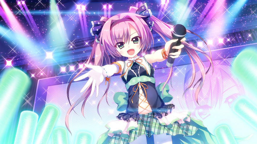 aqua_bow back_bow blue_dress blue_skirt bow breasts ceiling clothes colored_lights concert cross-laced_clothes cross-laced_dress dress elbow_gloves female film_grain frilled_skirt frills from_below game_cg gloves glowstick green_eyes holding holding_microphone idol idol_clothes izumi_tsubasu layered_skirt leggings long_hair microphone misaki_sango multicolored_clothes multicolored_skirt navel non-web_source oerba_yun_fang official_art open_mouth plaid plaid_skirt purple_hair re:stage! reaching reaching_towards_viewer screen single_elbow_glove single_glove skirt small_breasts smile solo sparkle stage stage_curtains stage_lights stomach twintails white_gloves white_leggings white_skirt white_wristband