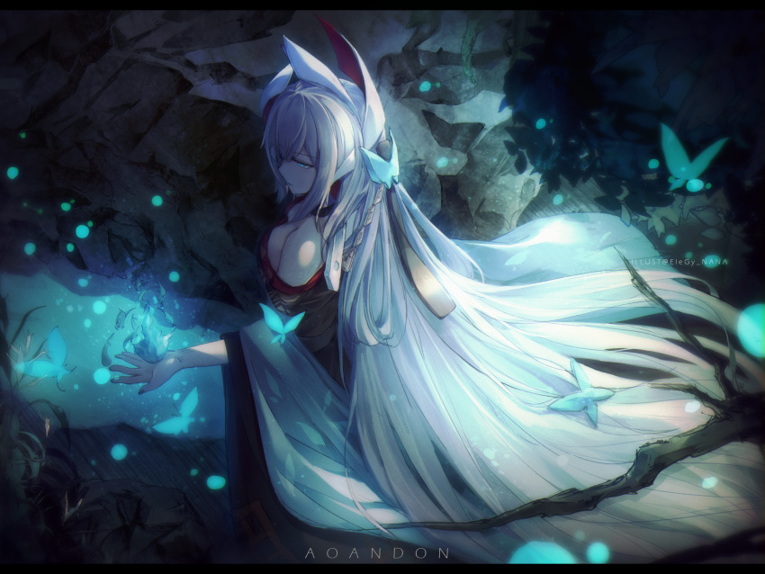 aoandon artist_name blue_butterfly blue_eyes braid bug butterfly butterfly_hair_ornament character_name female hair_ornament highres long_hair nana895 night onmyoji outdoors pale_skin solo very_long_hair white_hair wide_sleeves