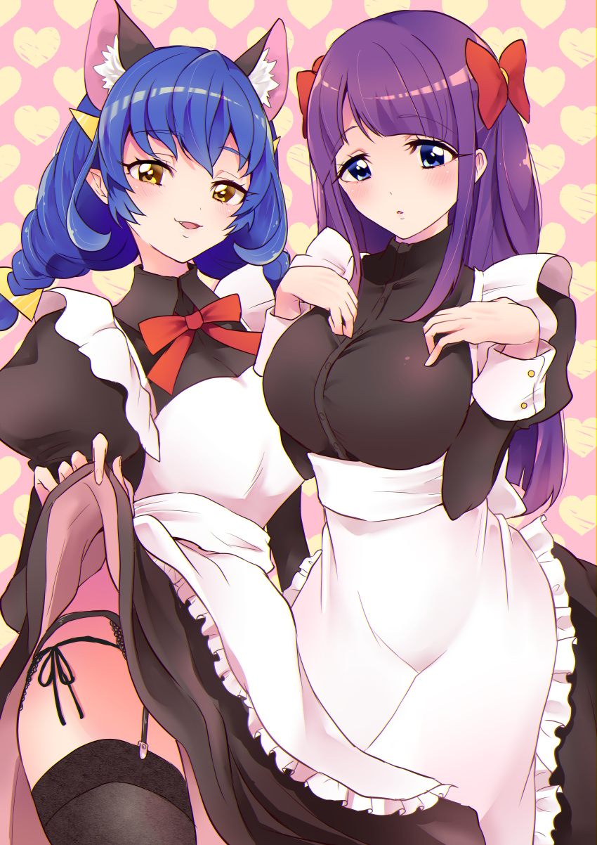 2girls absurdres alternate_costume animal_ears black_legwear black_panties black_skirt blue_cat_(precure) blue_eyes bow bowtie breasts cat_ears clothes_lift commentary_request enmaided extra_ears garter_belt hairbow heart heart_background highres kaguya_madoka large_breasts lifting_own_clothes long_hair long_sleeves looking_at_viewer maid maid_day maid_headdress mikorin multiple_girls panties pink_background precure purple_hair red_bow red_bowtie red_ribbon ribbon side-tie_panties skirt skirt_lift smile star_twinkle_precure thighhighs twintails underwear yellow_eyes yuni_(precure)