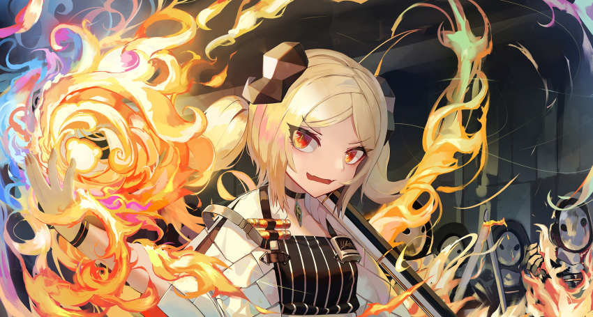 arknights blonde_hair horns ifrit_(arknights) natori_youkai orange_eyes short_hair twintails