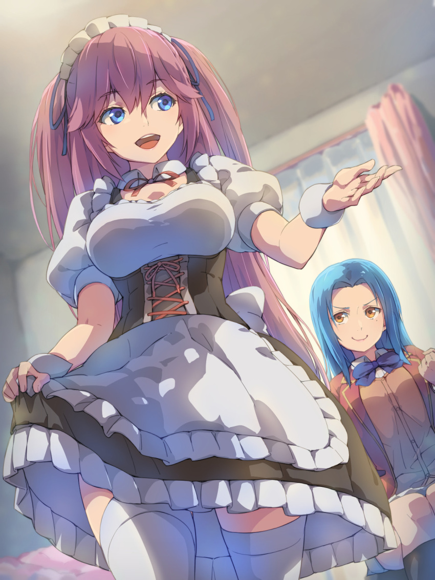 2girls :d aqua_hair blue_eyes breasts chiharu_(9654784) clenched_hand corset from_below hasebe_haruka highres large_breasts long_hair maid maid_headdress multiple_girls pink_hair puffy_sleeves sakura_airi school_uniform skirt skirt_hold smile teeth thighhighs thighs very_long_hair white_legwear yellow_eyes youkoso_jitsuryoku_shijou_shugi_no_kyoushitsu_e