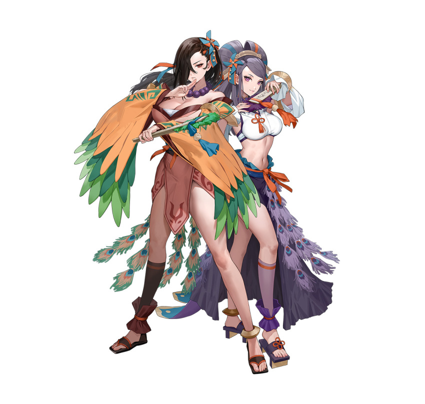 2girls bead_necklace beads breasts brown_eyes brown_hair cleavage ekao feet fire_emblem fire_emblem_fates fire_emblem_heroes hand_up jewelry kagero_(fire_emblem) kagero_(winds_offered)_(fire_emblem) large_breasts legs looking_at_viewer midriff multiple_girls necklace official_alternate_costume official_art orochi_(fire_emblem) orochi_(winds_offered)_(fire_emblem) pelvic_curtain pinwheel_hair_ornament purple_eyes purple_hair sandals smile toenails toes white_background