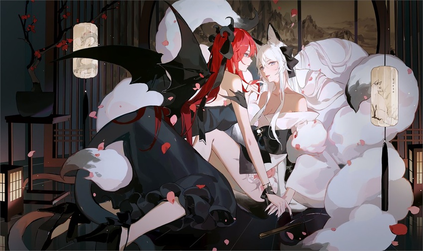 2girls animal_ears atelier_live black_dress black_vs_white blue_eyes chai_(vtuber) commentary dragon_tail dragon_wings dress english_commentary fox_ears fox_girl fox_tail hair_between_eyes head_tilt japanese_clothes kimono kuzuryu_io light_particles looking_at_viewer low_wings mole mole_under_mouth multiple_girls multiple_tails obi off_shoulder red_hair sash smile tail virtual_youtuber white_hair white_kimono wings yueko_(jiayue_wu) yuri