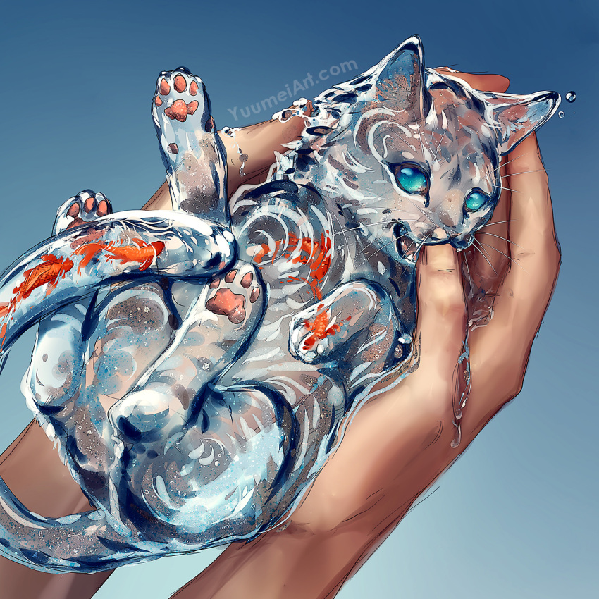 1:1 2022 ambiguous_gender amur_carp bite blue_background blue_eyes carp cats_are_liquid cyprinid cypriniform domestic_cat fangs felid feline felis feral fish gradient_background group hi_res holding_another human koi lying mammal marine on_back pawpads quadruped red_body red_scales scales shaded simple_background teeth text typical_carp url water water_body watermark whiskers yuumei