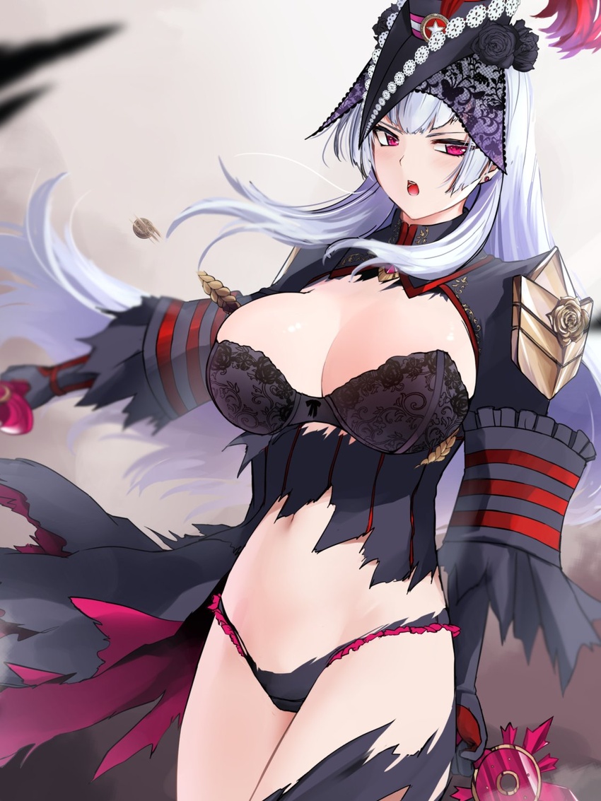 anesaki aschenputtel_(wonderland_wars) bad_id bad_twitter_id bare_shoulders bra breasts cleavage dual_wielding female highres holding large_breasts long_hair looking_at_viewer medium_hair open_mouth panties red_eyes solo thighs torn_clothes underwear white_hair wonderland_wars