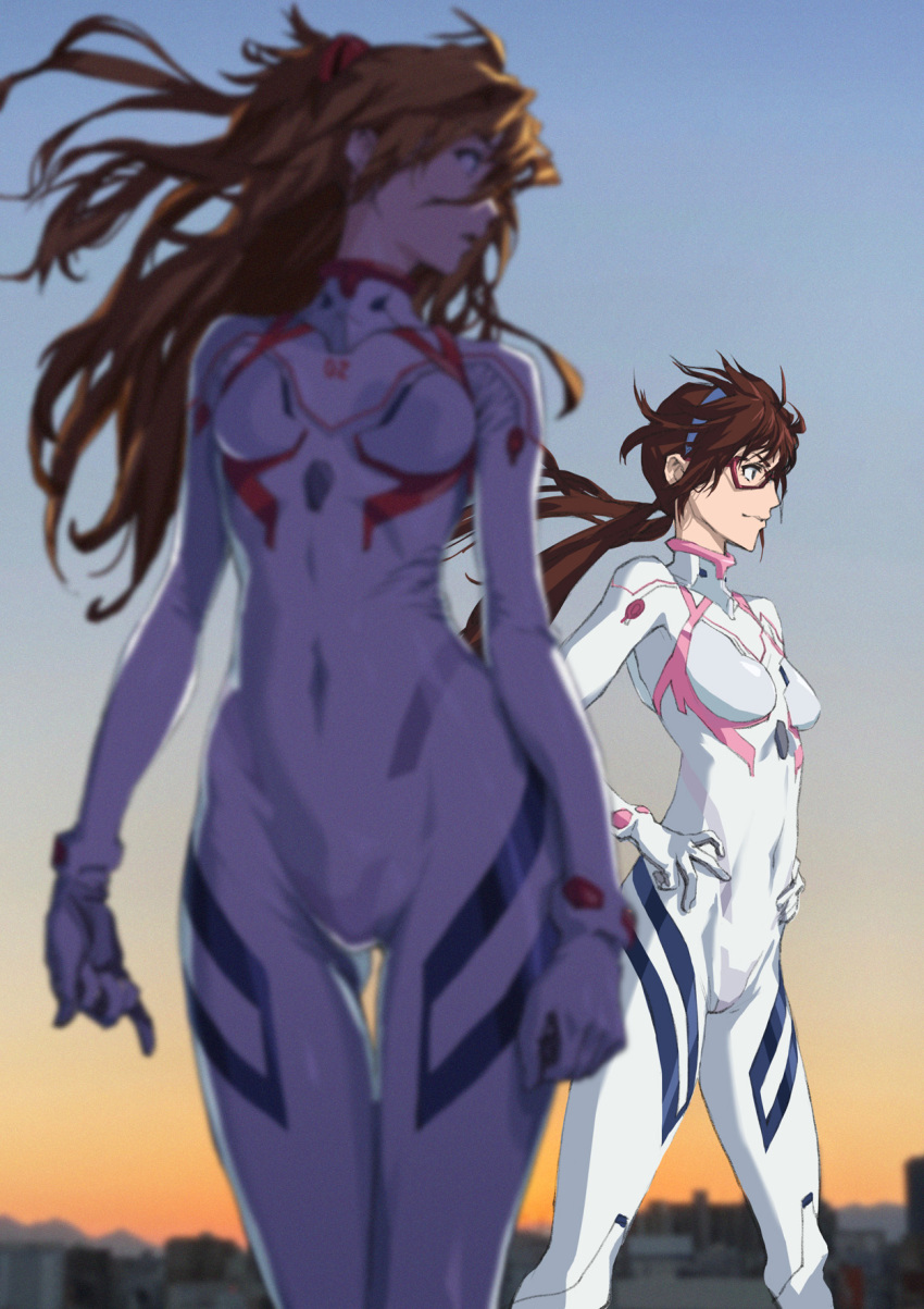 2girls arms_at_sides ass_visible_through_thighs blue_eyes blurry bodysuit breasts brown_hair covered_navel depth_of_field evangelion:_3.0+1.0_thrice_upon_a_time floating_hair glasses gloves hands_on_own_hips headgear highres interface_headset kiyohisa long_hair looking_to_the_side makinami_mari_illustrious multiple_girls neon_genesis_evangelion open_mouth outdoors pilot_suit plugsuit rebuild_of_evangelion science_fiction skin_tight souryuu_asuka_langley standing white_bodysuit wind