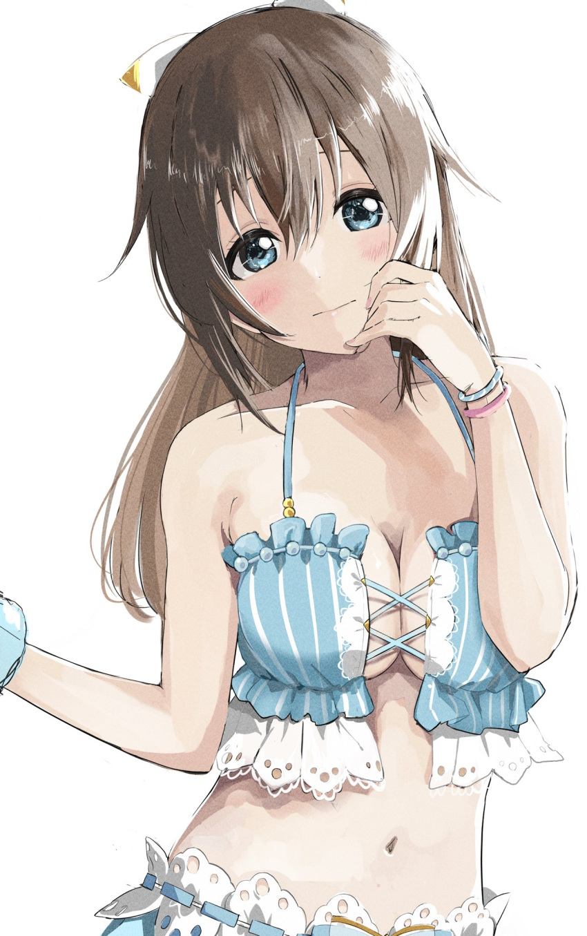 :| bikini blue_bikini blue_eyes breasts brown_hair cleavage cleavage_cutout closed_mouth clothing_cutout cross-laced_bikini cross-laced_clothes eyebrows_hidden_by_hair facing_viewer female frilled_bikini frills hanamaruyama628 head_tilt highres i_cannot_afford_to_slip_here!_(love_live!) love_live! love_live!_nijigasaki_high_school_idol_club love_live!_school_idol_festival_all_stars official_alternate_costume osaka_shizuku sidelighting simple_background solo striped_bikini striped_clothes swimsuit vertical-striped_bikini vertical-striped_clothes white_background