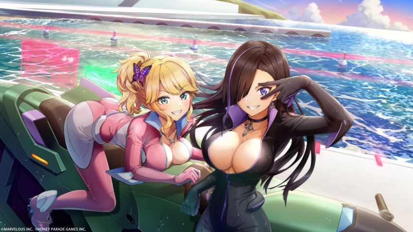 2girls aqua_eyes ass black_bodysuit black_choker black_hair blonde_hair bodysuit breasts butterfly_hair_ornament choker chuunibyou cleavage copyright_notice dolphin_wave hair_ornament hair_over_one_eye highres izumi_kiri jet_ski jewelry kurose_minami large_breasts long_hair looking_at_viewer marvelous multicolored_hair multiple_girls necklace official_art open_bodysuit open_clothes outdoors pink_bodysuit ponytail purple_eyes smile streaked_hair