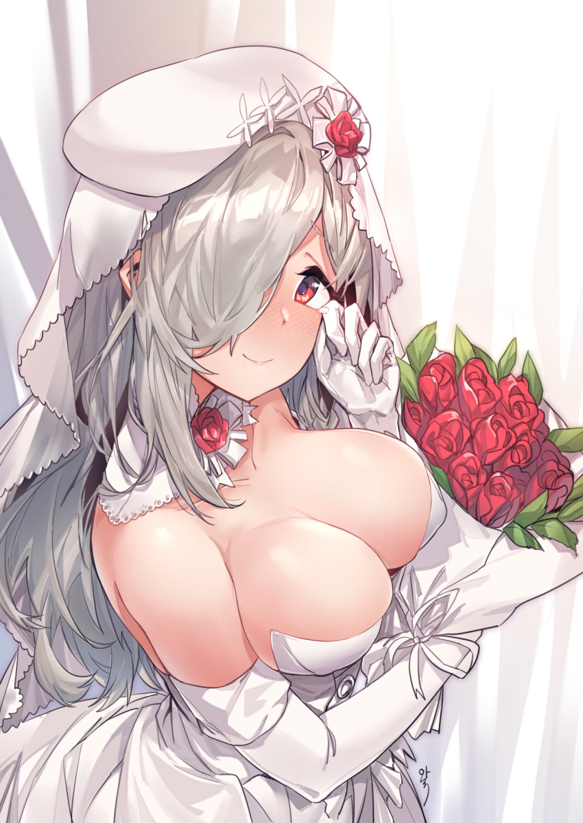 alternate_costume aningay blush bouquet breasts bride cleavage closed_mouth collarbone commentary dress elbow_gloves female flower from_side g36c_(girls'_frontline) g36c_(you_who_steps_up)_(girls'_frontline) girls'_frontline gloves hair_over_one_eye highres holding holding_bouquet large_breasts long_hair looking_at_viewer nose_blush official_alternate_costume red_eyes revision smile solo upper_body wedding_dress white_dress white_gloves white_hair