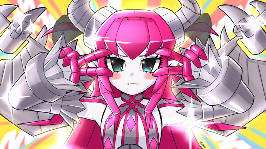 android blue_eyes blush blush_stickers breasts curled_horns double_v dragon_horns elizabeth_bathory_(fate) emotional_engine_-_full_drive fate/grand_order fate_(series) female hands_up horns long_hair looking_at_viewer mecha_eli-chan_(fate) namioka_nishihito parody pink_hair small_breasts solo sparkle sunburst sunburst_background v v_over_eye wings yellow_background