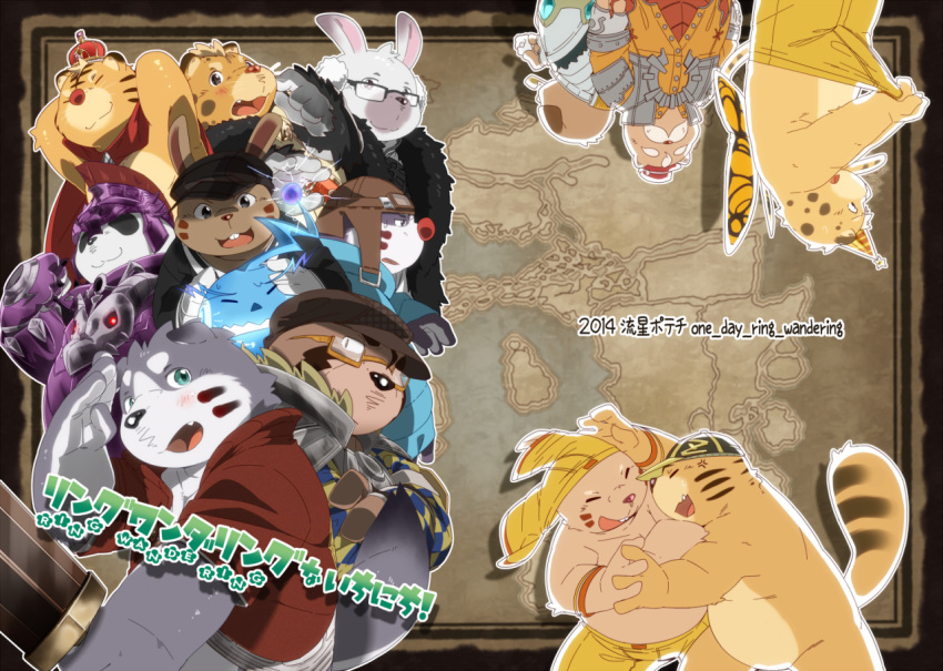 2014 anthro armor belly big_belly blue_body canid canine canis clothing cover crown domestic_dog eyewear felid glasses group hat headgear headwear hinami humanoid_hands japanese_text kemono lagomorph leporid male mammal overweight overweight_male pantherine popori rabbit tera_online text tiger unavailable_at_source