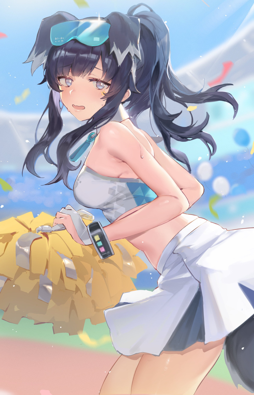 absurdres animal_ears bare_shoulders black_hair blue_archive blue_eyes breasts cheerleader crop_top dog_ears dog_girl dog_tail eyewear_on_head female from_side goggles goggles_on_head hibiki_(blue_archive) hibiki_(cheer_squad)_(blue_archive) highres looking_at_viewer medium_breasts millennium_cheerleader_outfit_(blue_archive) official_alternate_costume pom_pom_(cheerleading) skirt solo tail tsuiru