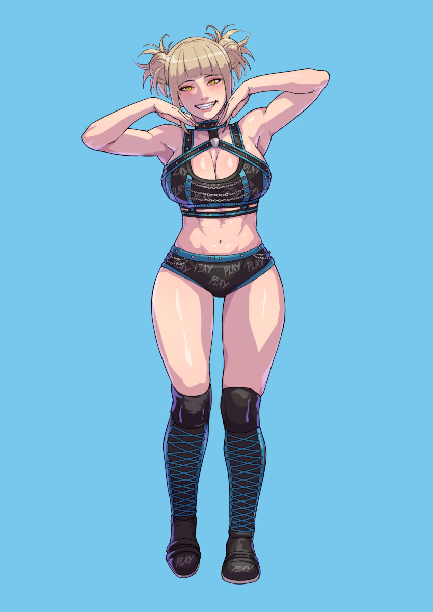 absurdres alexa_bliss alexa_bliss_(cosplay) armpits bare_shoulders blonde_hair blue_background blunt_bangs boku_no_hero_academia breasts choker cirenk cleavage commentary_request commission cosplay double_bun female full_body hair_bun highres large_breasts looking_at_viewer midriff muscular muscular_female navel parted_lips shorts simple_background sleeveless smile solo standing teeth toga_himiko wwe