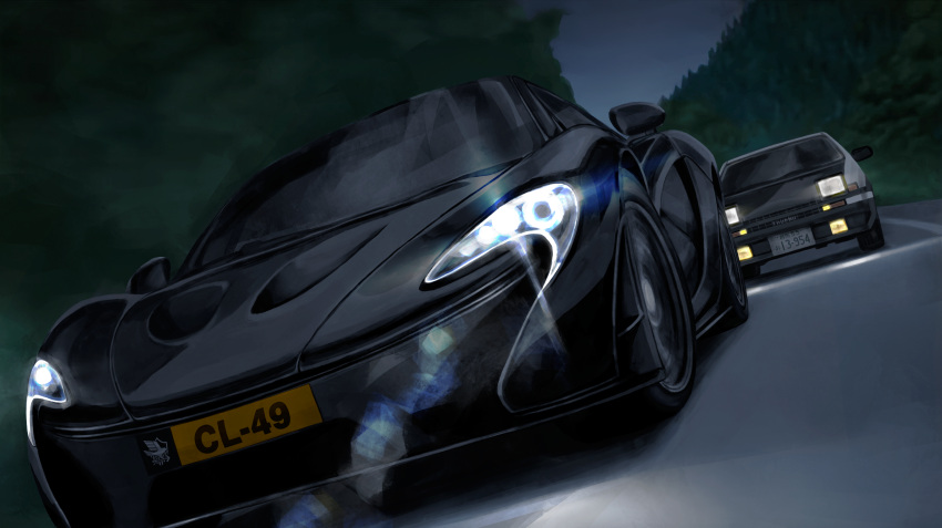 absurdres azur_lane car crossover eagle_union_(emblem) fujiwara_takumi's_toyota_trueno_ae86 headlight headlight_beam highres initial_d laing lens_flare license_plate mclaren mclaren_p1 motor_vehicle night no_humans pop-up_headlights racing sports_car toyota toyota_sprinter_trueno vehicle_focus