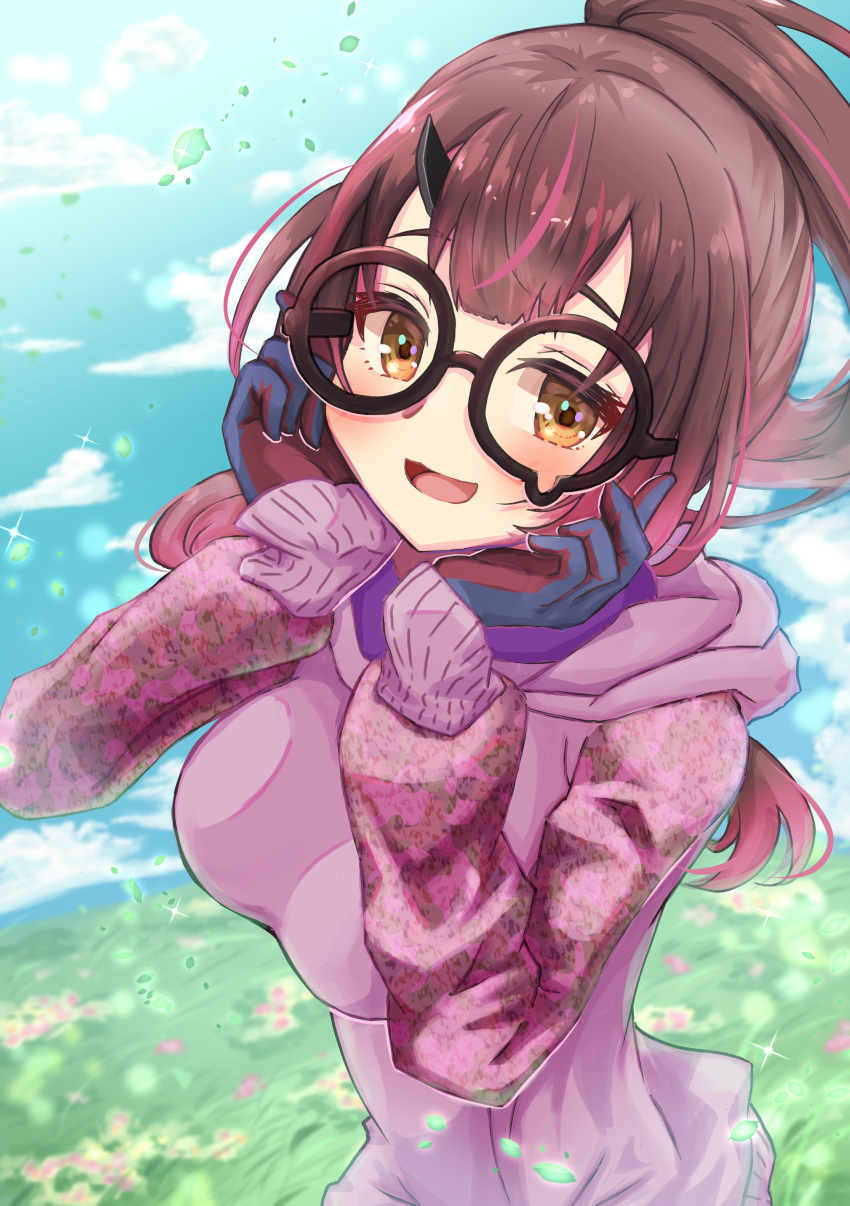 absurdres android blush breasts brown_hair cloud female glasses gloves hair_between_eyes hand_on_own_cheek hand_on_own_face highres hololive hood hoodie leaf long_hair looking_at_viewer meadow mechanical_arms mechanical_legs medium_breasts mihaeru multicolored_hair open_mouth outdoors pink_shirt ponytail roboco-san roboco-san_(hoodie) shirt sky smile solo upper_body virtual_youtuber yellow_eyes