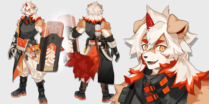 1boy ahonobo animal_ears arknights back baggy_pants bare_shoulders black_shirt brown_fur detached_sleeves dog_boy dog_ears dog_tail fangs full_body furry furry_male highres horns hung_(arknights) looking_at_viewer male_focus medium_hair multicolored_hair multiple_views muscular muscular_male nape orange_eyes orange_hair pants pectorals projected_inset shirt single_horn sleeveless sleeveless_shirt smile streaked_hair tail two-tone_fur white_fur white_hair white_pants yellow_eyes