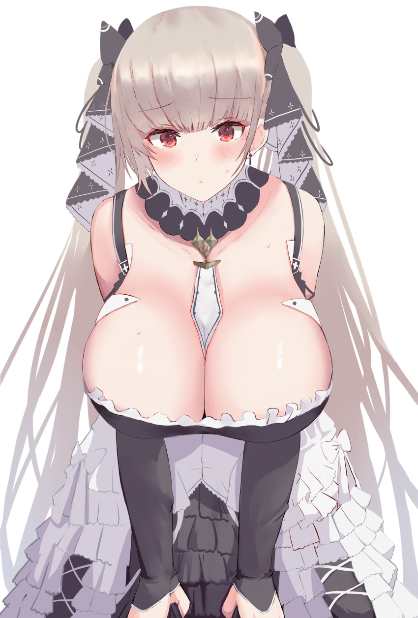 azur_lane bare_shoulders between_breasts black_dress blush breasts cleavage collarbone dress earrings female formidable_(azur_lane) frilled_dress frills grey_hair hair_ribbon highres jewelry large_breasts leaning_forward long_hair long_sleeves looking_at_viewer maid red_eyes ribbon satou_aji solo twintails two-tone_dress two-tone_ribbon very_long_hair