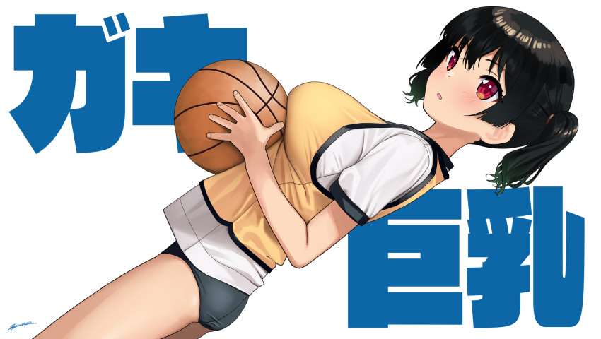 :o artist_name ball basketball basketball_(object) black_buruma black_hair blush breast_rest breasts buruma commentary_request copyright_name cowboy_shot crop_top dated dutch_angle female from_side gaki_kyonyuu gym_shirt gym_uniform hair_tie highres holding holding_ball jersey kaedeko_(kaedelic) large_breasts looking_at_viewer looking_back oppai_loli paid_reward_available parted_lips red_eyes sasaki_kanna_(kaedeko) shirt shirt_overhang short_hair short_sleeves short_twintails signature simple_background solo standing tank_top taut_clothes thighs translated twintails white_background white_shirt yellow_tank_top